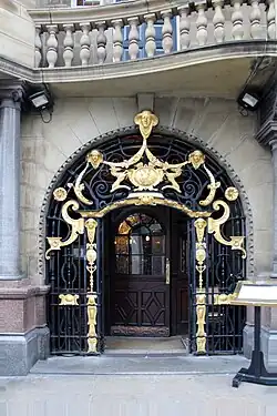 Entrance to The Philharmonic Dining Rooms, the iron gates are a rare use in Liverpool of the Art Nouveau style (1900; Grade II*)