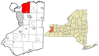 Location of Amherst in Erie County, New York (left) and of Erie County in New York state (right)
