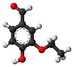 Ball-and-stick model of the ethylvanillin molecule