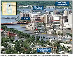 Flood water of Cedar River is over several main street bridges and up to the windows of several public buildings such as the courthouse and city hall.