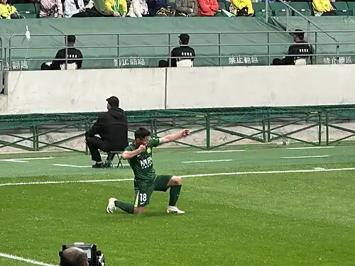 Fang Hao celebrating his goal against Henan on 25 April that proved to be the difference between the two teams