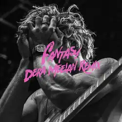 Black and white close up picture of Ross Lynch, as he performs with a guitar, and puts both hands on his face. The words "Fantasy Dera Meelan Remix" are written at the center.