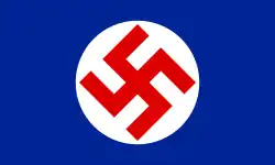 Flag of the Parti National Socialiste Chretien du Canada, a blue flag featuring a white circle in the centre charged with a red swastika