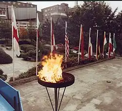 Olympic Flame (British Gas) & flags outside the Robot Olympics venue.