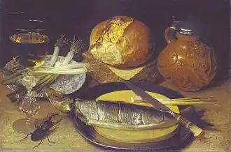 Breakfast Image with herring, Bartmann pitcher and a stag beetle