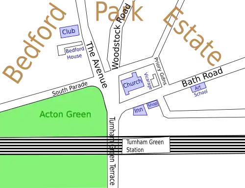Locations of community buildings. The development was enabled by the arrival of the District Line in 1869.