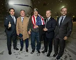 Adam Boehler, Secretary Rubio, Steve Witkoff, and Mike Waltz welcome Marc Fogel upon his return to the United States at Joint Base Andrews.