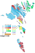 Map of the election on the Faroe Islands, showing the largest party in each polling area