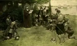 Soldiers and men on the shores of Virginia with heads bowed, grouped around a man reading from a large book