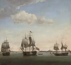 A depiction of a British naval attack in 1755 against the Maratha Navy at Suvarnadurg.[32]