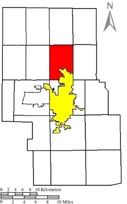 Location of Franklin Township (red) in Richland County, next to the city of Mansfield (yellow).