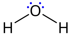 A lewis structure of a water molecule, composed of two hydrogen atoms and one oxygen atom sharing valence electrons