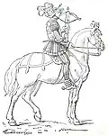 16th-century French mounted crossbowman (cranequinier). His crossbow is drawn with a rack-and-pinion cranequin, so it can be used while riding.