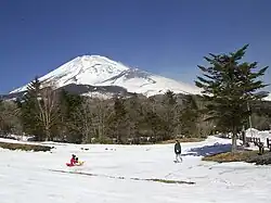 The Hoei Crater, visible to the right of the peak of Mount Fuji, was the location of the 1707 eruption that spewed ash as far as Edo.