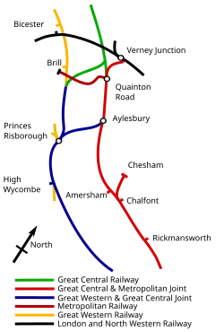 A map shows the joint Great Western route parallel to the Met's Route. A joint railway links the two at Aylesbury; a Great Central Railway links the two before Brill.