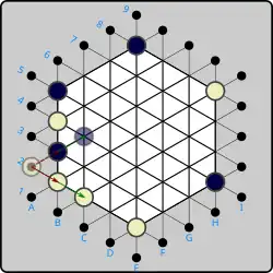 (3b) White could have introduced the piece on A2 instead, then pushed to B2  (W)A2→B2 , with the same result. However, placing on A2 opens up the option to push to B3 instead  (W)A2→B3 , displacing the black piece to C4.