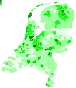 Results by municipality, shaded according to percentage of the vote for GroenLinks.