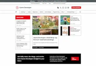 Screenshot of Game Developer website with latest news section, headline section of design, and additional section of design and business features on the right side and a banner ad for email list subscription