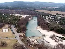 The Frio River winds southward on east edge of Garner State Park (on the left)