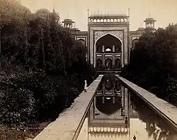 Samuel Bourne, "Gate of the Taj. Bagh View. Agra. 1014," 1863–1869, photograph mounted on cardboard sheet