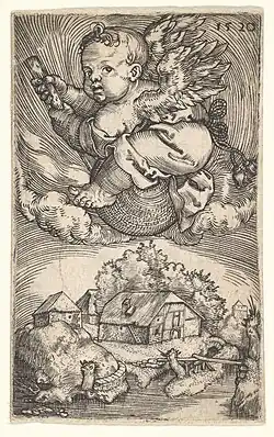 Genius on a Globe Floating in the Air, engraving, 1520, 5.7 × 3.6&nbsp;cm, perhaps a parody of Dürer's Nemesis.