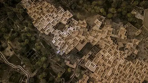 Aerial view of the old town of Ghadames, showing the continuous rooftop landscape