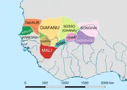Image 11Map of the western Sahel and Sudan (northern West Africa) c. 1200. (Songhai is Gao) Kingdoms in this era were centred around cities and cores, with variations of influence radiating out from these points, borders here are estimates. (from History of Africa)