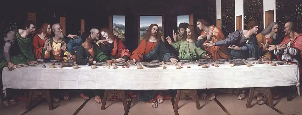 The Last Supper, c. 1520, by Giampietrino, oil on canvas, in the collection of the Royal Academy of Arts, London.[c] This full-scale copy was the main source for the 1978–1998 restoration of the original. It includes several lost details such as Christ's feet and the salt cellar spilled by Judas. Giampietrino is thought to have worked closely with Leonardo when he was in Milan.