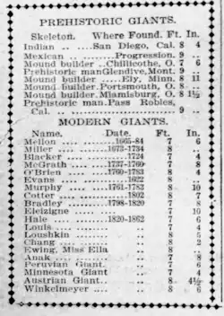 Photocopy of a printed newspaper article comparing the heights of various giants. Heights range from seven to eight feet among named historical giants. Heights range from seven to nine feet among prehistoric giants. The skeleton column of the table categorizes the prehistoric giants as Indian, Mexican, Mound Builder, and Prehistoric man. The Indian skeleton is attributed to San Diego, California. The two prehistoric man skeletons are attributed to Glendive, Montana, and Paso Robles, California. The mound builder skeletons are attributed to Chillicothe, Ohio; Ely, Minnesota; Portsmouth, Ohio; and Miamisburg, Ohio.