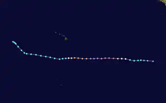 Track map of a major hurricane that starts over the eastern Pacific Ocean, heading due west for most of its duration. It bypasses Hawaii, located at the center of the image, to the south before shifting northwest and ending over water.
