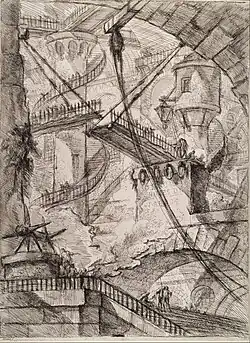 Forerunner of Escher's fantastic endless stairs: Piranesi's Carceri Plate VII – The Drawbridge, 1745, reworked 1761[22]