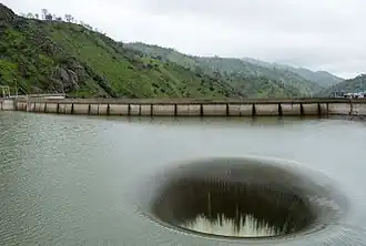 The spillway at Monticello Dam, Lake Berryessa, in operation February 19, 2017