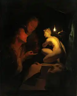 Godfried Schalcken, Two men examining a sculpture by candlelight