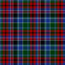 A complex tartan predominantly of red, blues, green, and purple, with white over-checks
