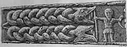 Engraving of part of the cross showing Fenrir and Heimdallr.