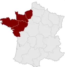The Grand Ouest according to the inter-regional cooperation for local authority civil service competitions[6] and the political scientist and geographer Michel Bussi.[7]