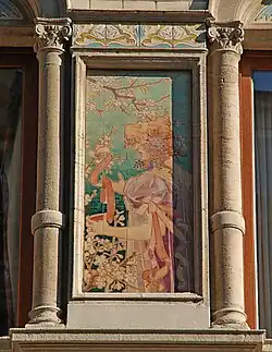 Hand-painted tile panel on the façade of the Grande Maison de Blanc in Brussels, designed by Privat Livemont and made by the Boch Frères Kéramis (1897–98)[219]