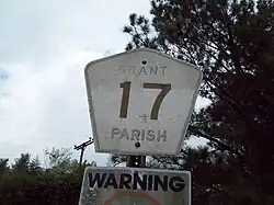 Badly faded parish-installed marker for Grant Parish Road 17, off of LA&nbsp;8