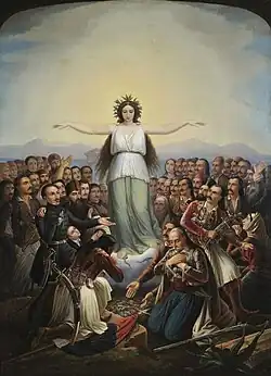 Greece personified as a woman, with revolutionaries participating in the Greek War of Independence.