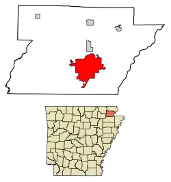 Location of Paragould in Greene County, Arkansas.