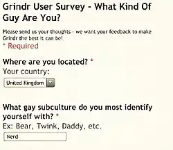 Grindr survey asking users what subculture they identify with