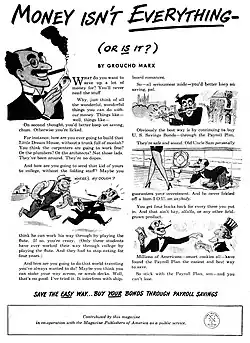 Print advertisement for U.S. Savings Bonds, featuring a caricature of Groucho Marx