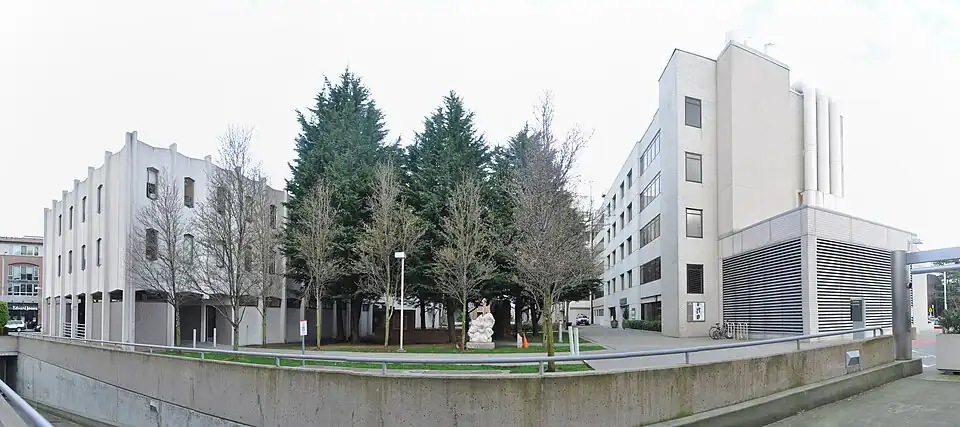 Panoramic view of the Group Health Hospital's courtyard, now Kaiser Permanente's Capitol Hill Campus in Seattle