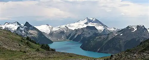 Guard Mountain (left), The Table, Mt. Garibaldi, and Mount Price (right) viewed from Panorama Ridge