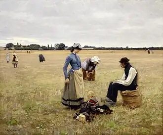 Fortrykt or Oppressed, 1887, Brandts. Poor children and very old people without land are allowed gleaning – collecting leftover crops – from farmers' fields, a kind of welfare system descending from the directives in the Bible (Leviticus 19:9–10 and Ruth 2). In this painting a young maid and her fatherless child arrive from the city to live with her parents.