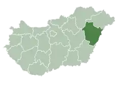 Map of Hungary highlighting Hajdú-Bihar County
