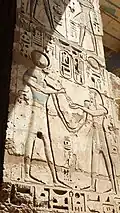 Habu Temple Scene. Note the God gives Pharaoh an Ankh, life.