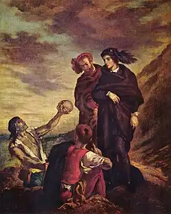 An oil painting on canvas depicting Prince Hamlet and Horatio walking on a path next to a hill. To the viewer's left is a hole in the ground. On a pile of dirt next to the hole sits one gravedigger, and another gravedigger stands within the hole. He is holding out a human skull with an extended arm towards Prince Hamlet.