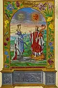 "Particulars": king and queen hold scrolls; king stands surrounded by flames, queen atop full moon. King below a red sun, queen beneath a silver sun. Captioned "The universal way with the particulars. Enclosed"