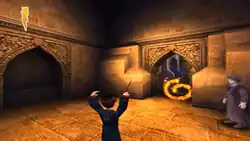 A small boy holding a wand has his arms uplifted and prepares to cast a spell, indicated by an orange spiral shape in the doorway in front of him. To the right of him, a man in a black robe and purple turban watches on.